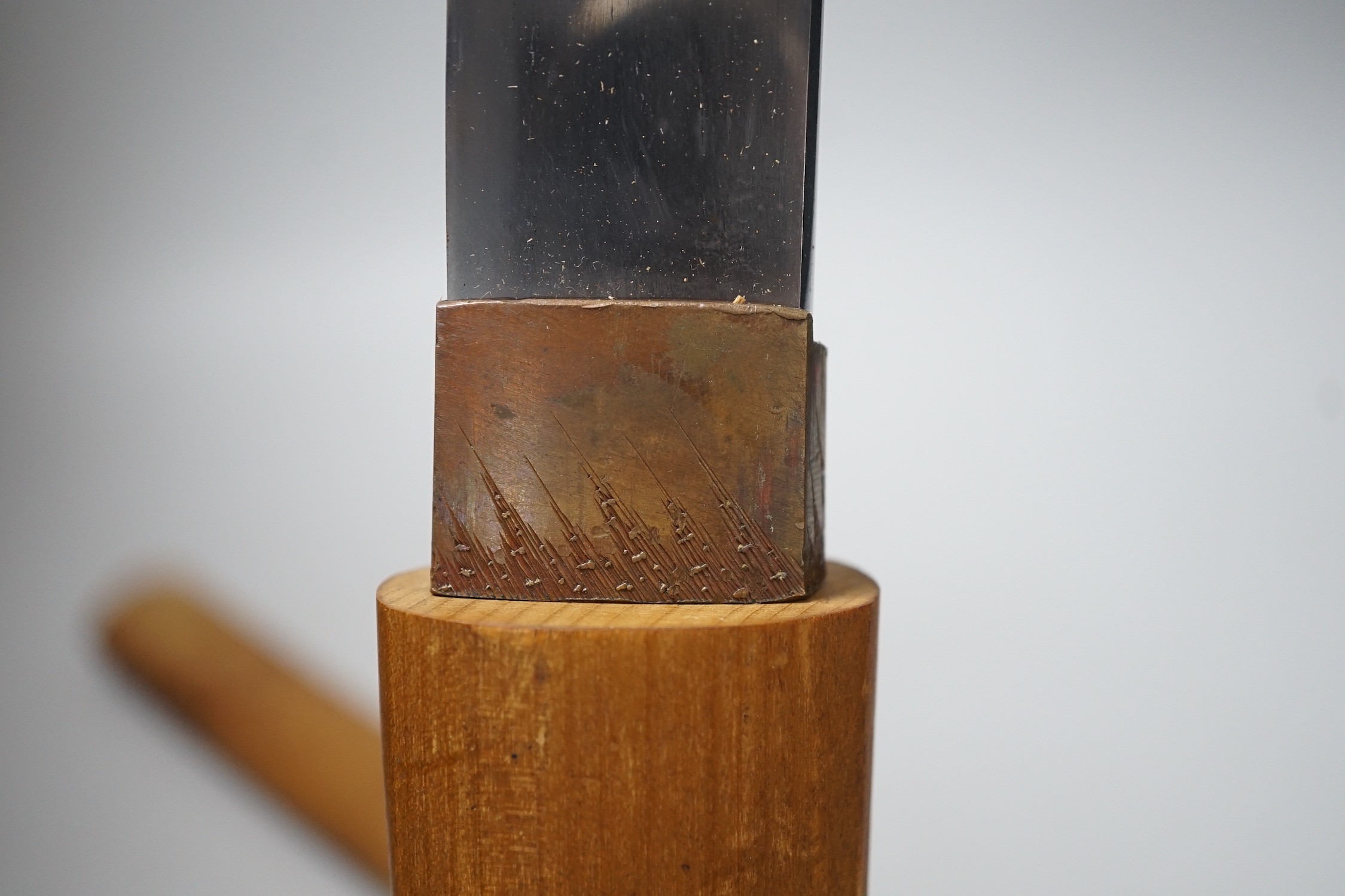 A Japanese Yoroi-doshi (armour piercer) type tanto with horn inlaid wood handle. 47cm total length including saya